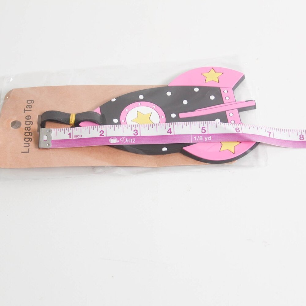 NEW Rocket Ship Spaceship Luggage Tag - Pink & Black Stars - Picture 3 of 4